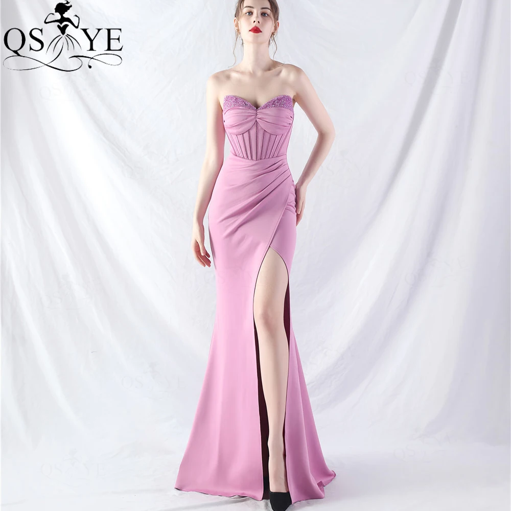 

Hot Pink Evening Dresses Crystal Stone Beaded Sweetheart Neck Ruched Boned Corset Prom Gown Thigh Slit Women Mermaid Party Dress