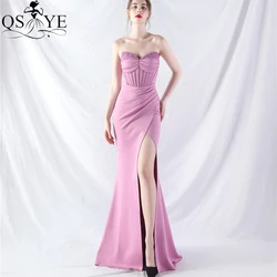 Hot Pink Evening Dresses Crystal Stone Beaded Sweetheart Neck Ruched Boned Corset Prom Gown Thigh Slit Women Mermaid Party Dress