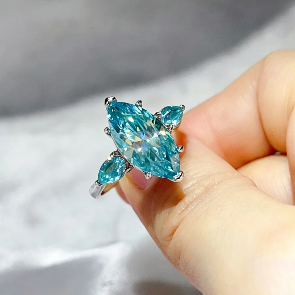 Serenity 8*16mm Marquise Cut  Blue Green Moissanite Rings for Women Sparkling Lab Diamond Ring 925 Sterling Silver Bands Jewelry