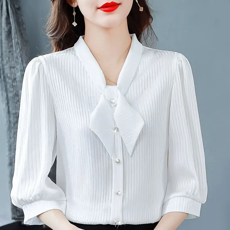 2024 Summer New High End Chiffon Shirt Short Sleeved Women\'s Western Style 3/4 Sleeved Shirt Versatile External Wear Covering Be