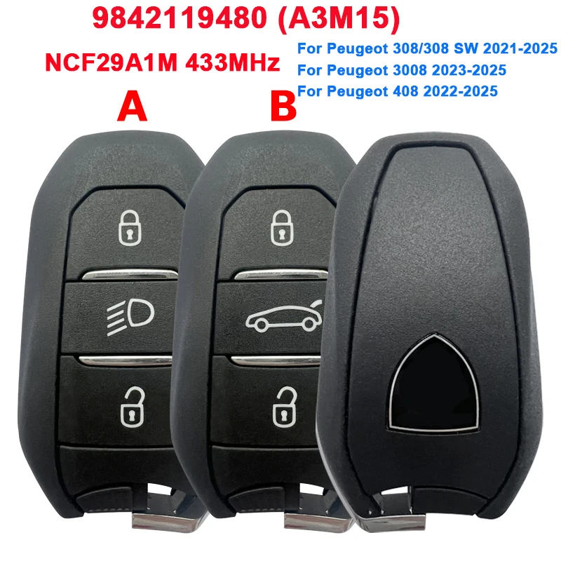 CN 009058   Inteligentny klucz OEM 3Btn NCF29A1M 433 MHz 9842119480   (A3M15) Pilot zdalnego sterowania do Peugeot 308/308 SW 3008 408