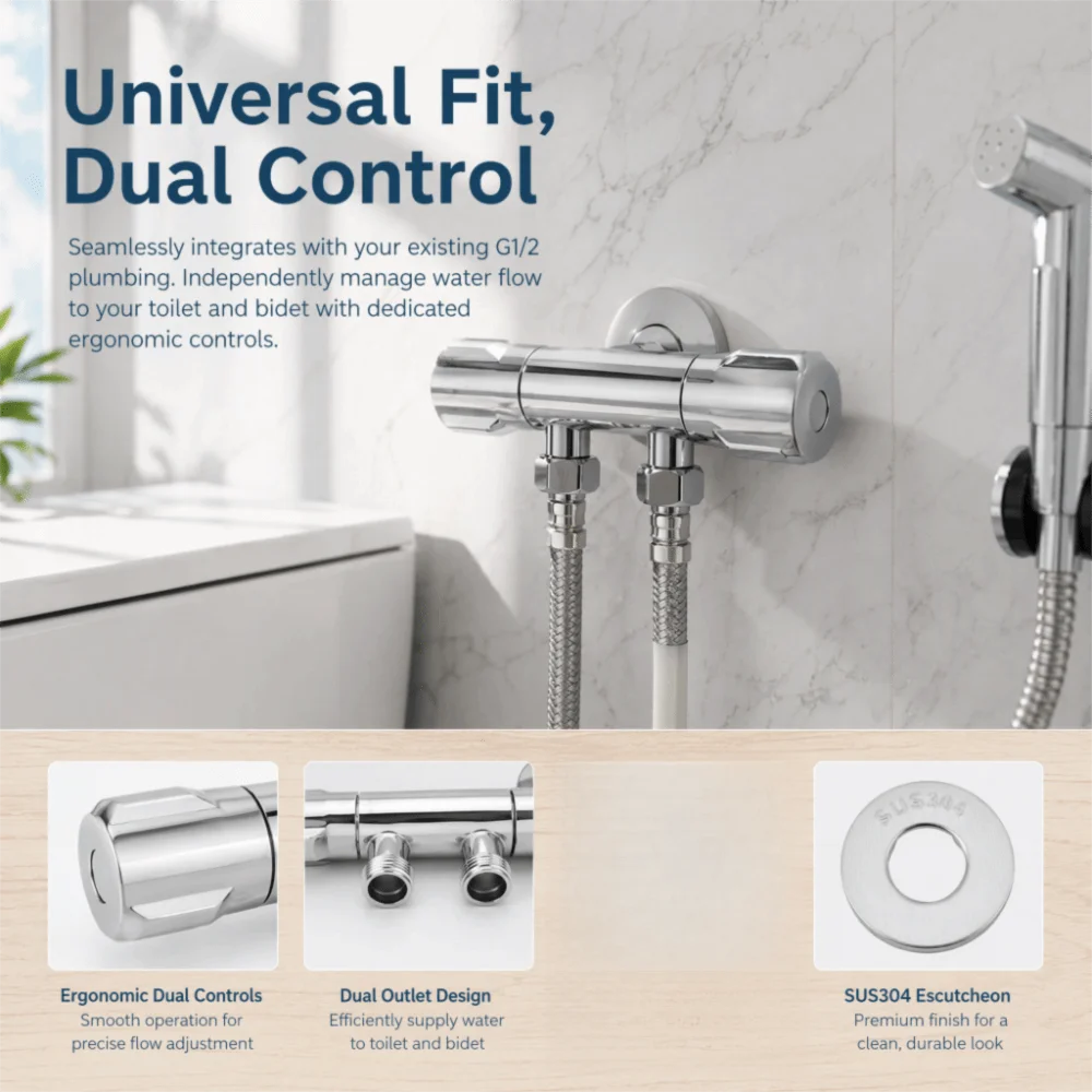 Copper Outlet Angle Valve Silver G1/2 Thread Toilet Bidet Valve Durable Double Control Double Outlet Shut Off Valve