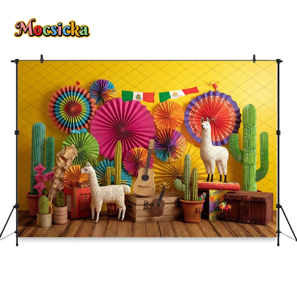 Mocsicka Mexican Fiesta Backdrop Colorful Paper Fan Llama Cactus Background Kids Cake Smash Baby Shower Birthday Party Studio
