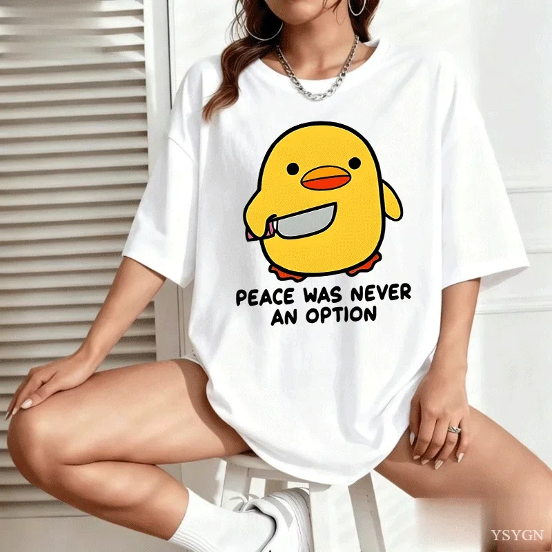 Womens Peace Was Never An Option Cute Yellow Duck Graphic T Shirt O Neck Short Sleeve Cartoon Print Cotton Trendy Street Tee