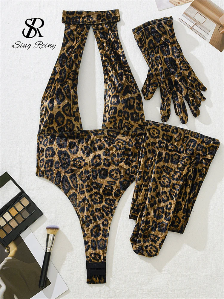 SINGREINY 2025 Leopard Print Sexy Bodysuits Halter Hollow Out Slim Backless Rompers Streetwear Fashion Cosplay Erotic Playsuits