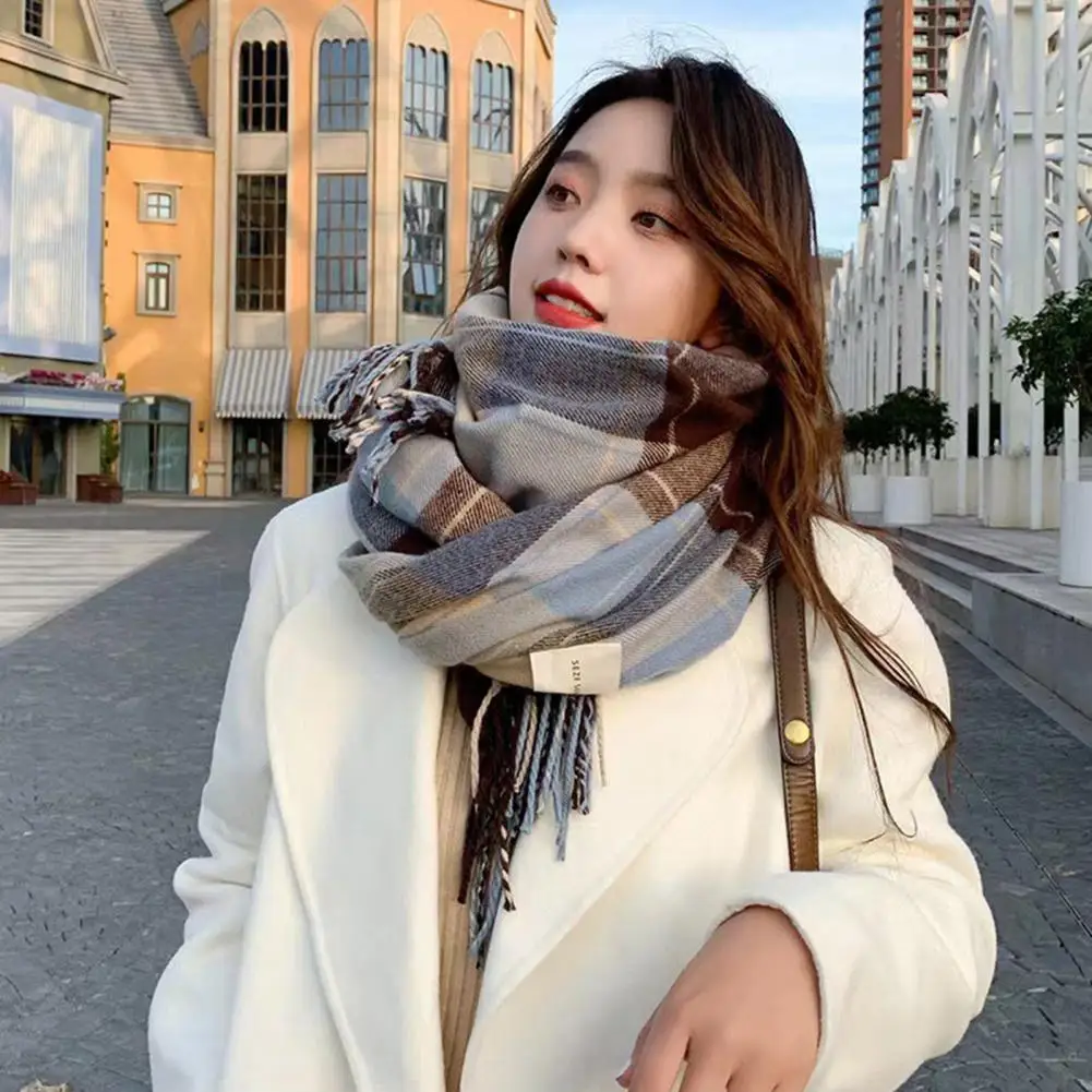 Women Winter Scarf Color Matching Tassel Wide Long Plaid Print Scarf Thick Sock Warm Windproof Lady Neck Wrap Shawl