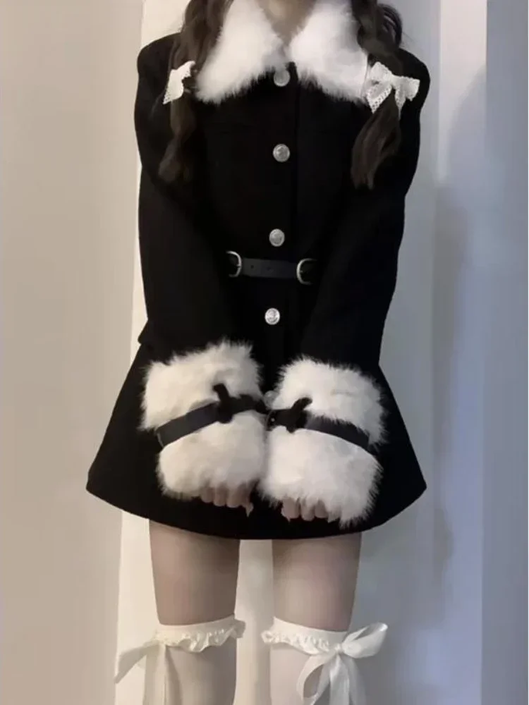 2023 Winter Black Elegant Coats Women Casual Sweet Warm Long Sleeve Fur Collar Dress Coat Korean Fashion jacket Outwear Chic New