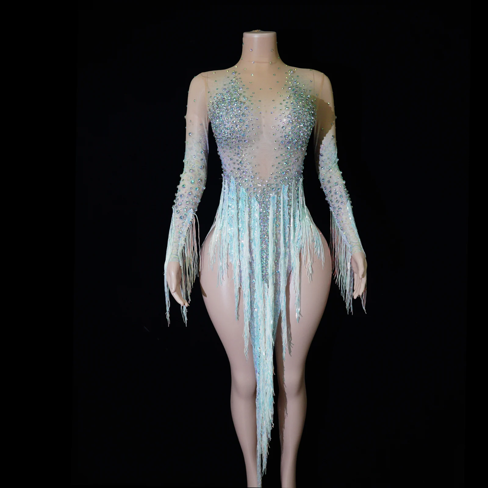 

Iridescent Light Blue Sheer Mesh AB Rhinestone Fringe Long Sleeve Bodysuit Dance Dress Sexy Costumes Stage Dance Wear Drag Queen