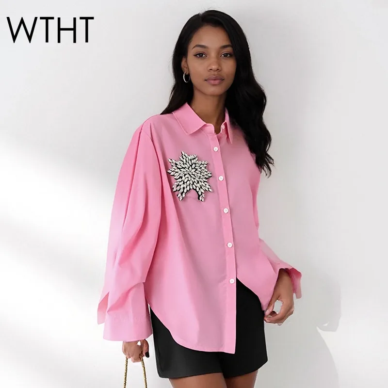 WTHT 2025 Autumn Fashion New Women's Spliced 3D Diamonds Decoration Loose Shirt Trendy Lapel Long Sleeves Blouse Female 1LS2587