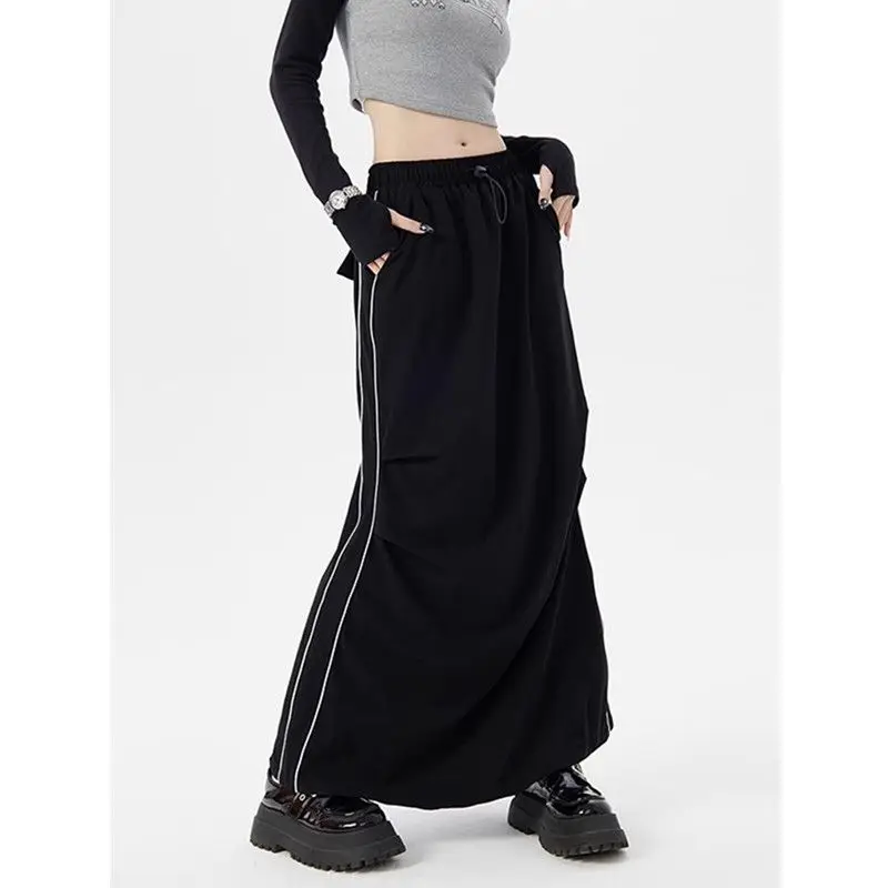 

Deeptown Black Cargo Skirt Women Sports Vintage Loose Maxi Skirts Fashion Solid Y2k Casual Sreetwear Summer A-line Long Skirt