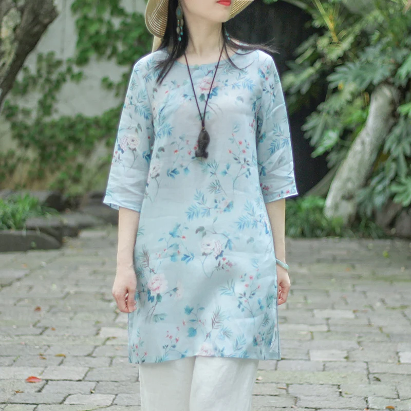 

Loose Cotton Linen Women's irt Vintage Floral Print Button round Ne ort Sve mid Length Tea Ceremony Clothing