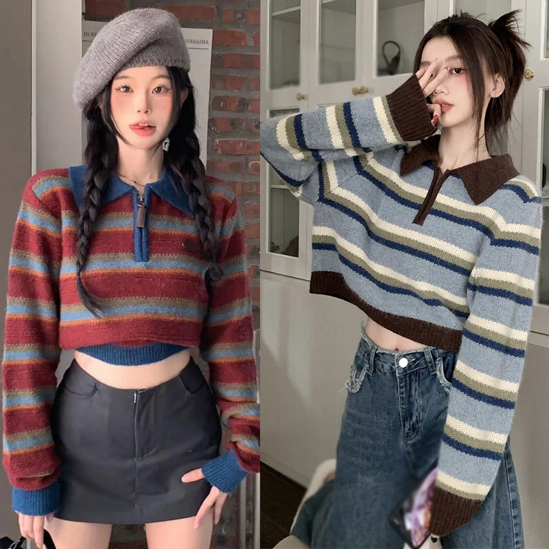 Women\'s Fashion Striped Knit Sweater Autumn Winter Korean Style Zipper Contrast Color Loose Lazy Style Pullover Sweater