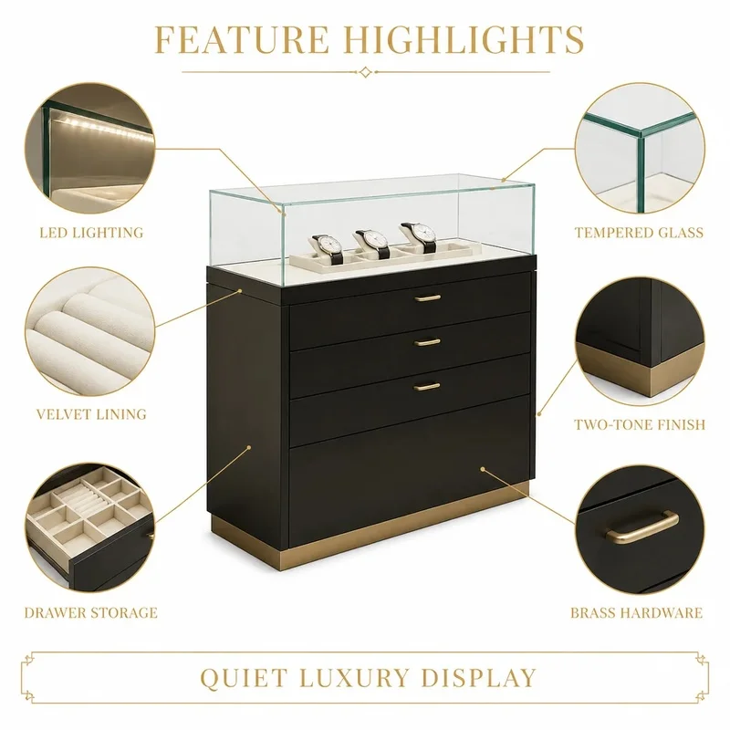 custom.Commercial Floor Standing Customizable Jewelry Display Cabinet Glass Stainless Steel Wood Construction LED Lighting Retai