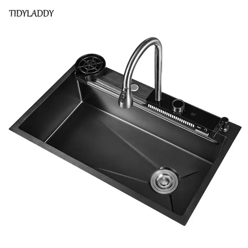 Black 304 Stainless Steel Kitchen Waterfall Sink Digital Display Single Sink Dish Basin Sink with Multifunction Waterfall Faucet