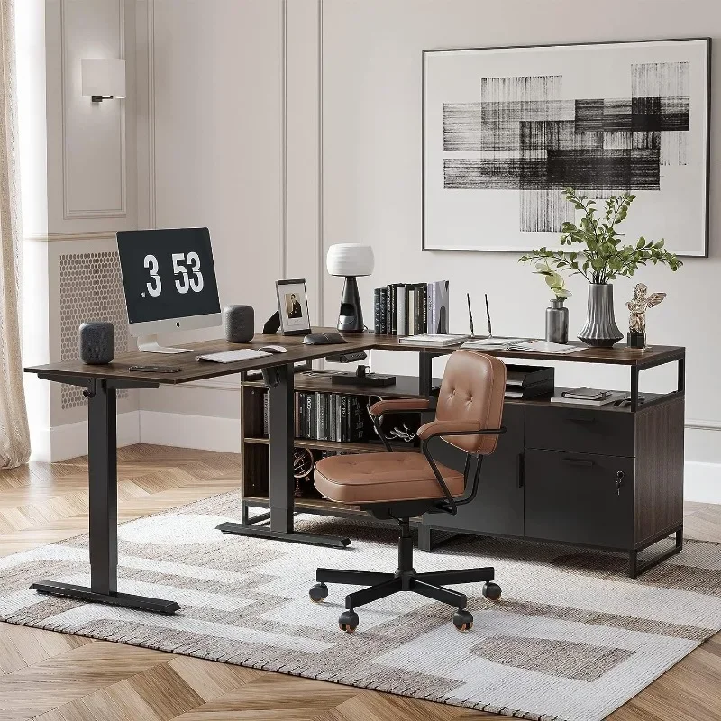 FEZIBO L Shaped Standing Desk with Drawers & Shelves, Executive Table Adjustable Height, Black Walnut Top/Black Frame