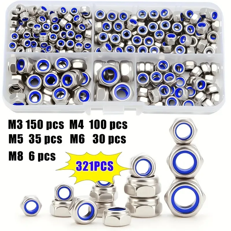 321pcs Stainless Steel Nylon Embedded Anti-Slip and Anti-Loosening Self-Locking Nuts, M3 M4 M5 M6 M8