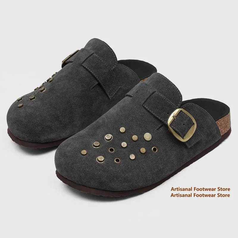Retro Brown/gray Suede Mueller Slippers Thick-Soled Height Increasing Men's Casual Shoes Trendy Luxury Handmade Men's Shoes