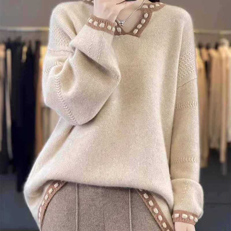 

Women's Thick Warm Cashmere Sweater V-Neck Autumn 2026 Loose Lazy Style Knitted Wool Top Casual Chic Streetwear Base Layer