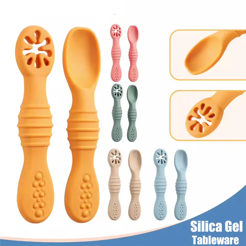 2pcs Baby Learning Spoons Set Silicone Toddler Liquid Food Spoon Fork Utensils Soft Scoop Weaning Cutlery Baby Feeding Tableware