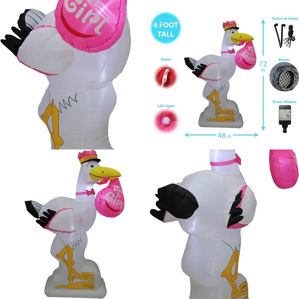 

Inflatable Pink Stork Baby Shower Decoration with LED Lights for Outdoor and Indoor Celebrations - It's a Girl Special Delivery
