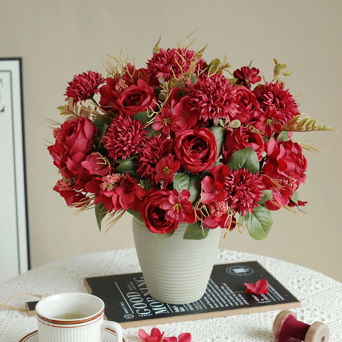 6 قطعة الورود الاصطناعية الزهور مهرجان غرفة المنزل ديكورا الزفاف باقة الزفاف حديقة وهمية الحرير الفاوانيا الكوبية زهرية مجلس هدية #6