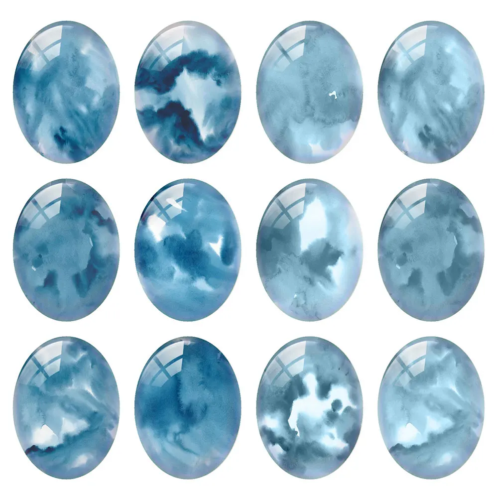 Random Mixed Round/Oval/Square Haze Blue Ink Wash Watercolor Photo Glass Cabochon Flatback Demo Cameo For Diy Jewelry Making