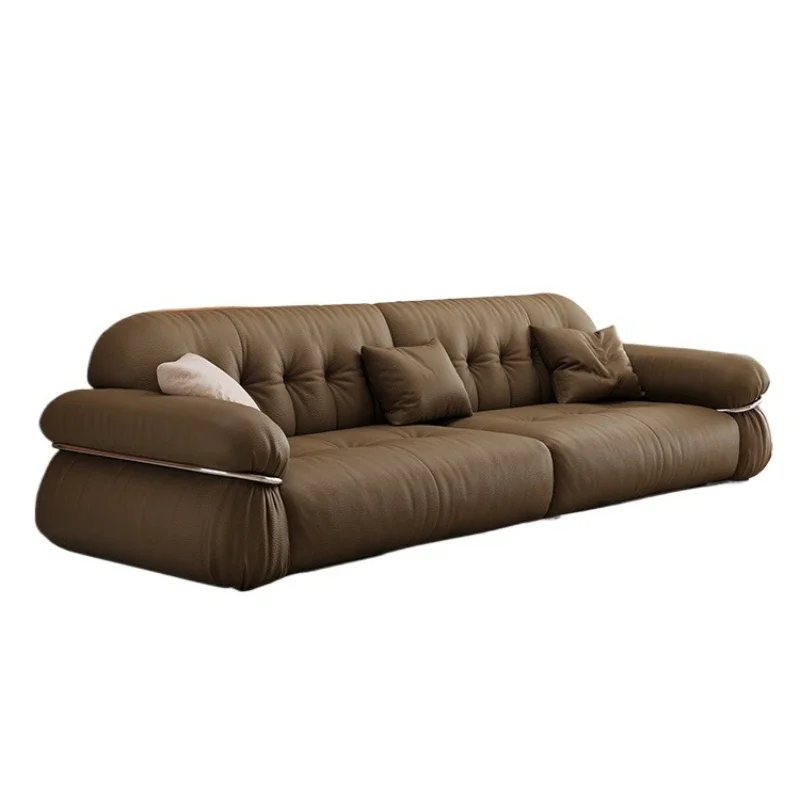 

Italian light luxury steel ring brown sugar cloud sofa, modern simple and small apartment living room leather sofa