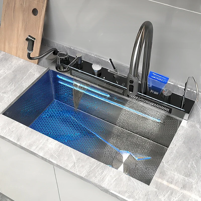 

Stainless Steel Kitchen Sink Double Waterfall Digital Display Large Single Sink Honeycomb Embossed Pull Out Faucet Cup Washer