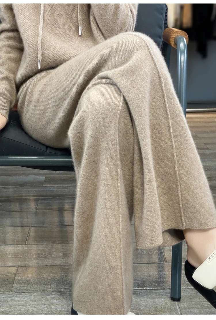 Wool Knitted Wide Leg Pants for Women in Autumn and Winter, with a Draping Feel and Straight Tube Wool Casual Woolen Pants