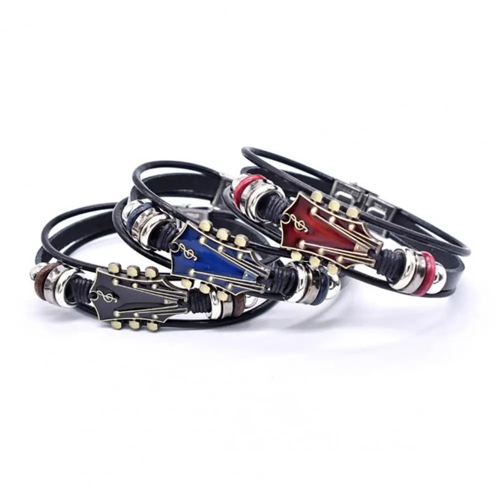 Braided Guitar Bracelet Zinc Alloy Adjustable Buckle Manual Woven Faux Leather 3-layered Retro Punk Wrist Jewelry