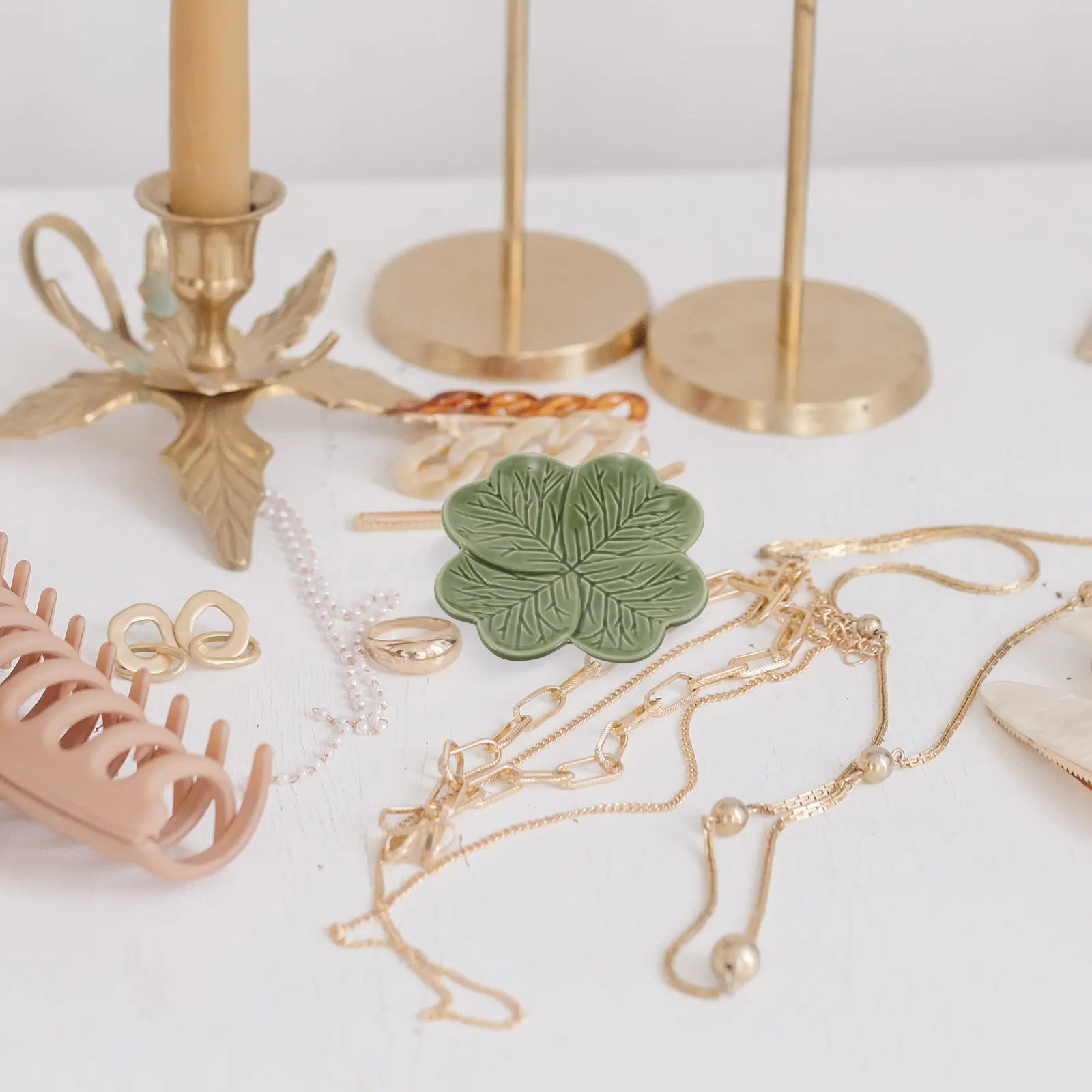 Clover Ceramic Jewelry Dish Four Leaf Clover Decorative Trinket Tray Green Shamrock Plate Rings Earrings Birthday St Patricks
