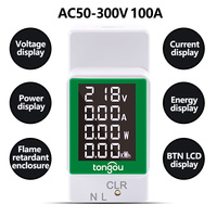 Din Rail Wattmeter Electricity Digital Power Energy Meter Watt Volt Voltmeter Factor Time Current Monitor Ammeter AC50-300V 100A