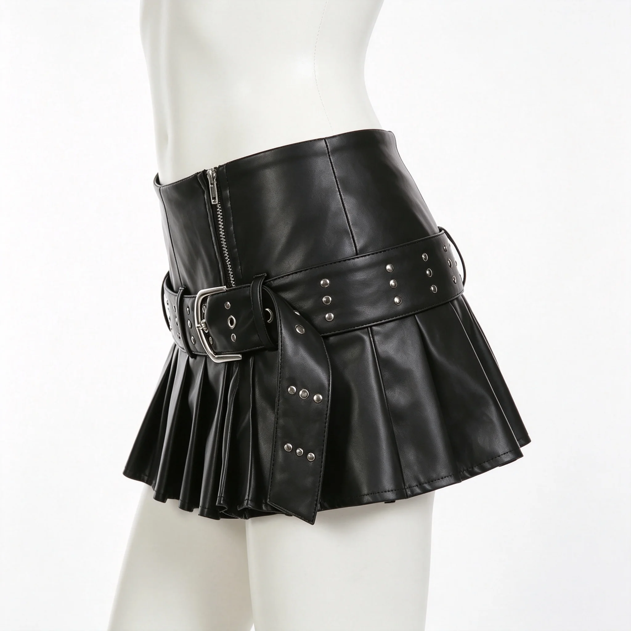 Black Gothic PU Leather Women Mini Skirt Belt Low Waist Zipper Pleated Skirt Y2K Streetwear 2000s Clothes Summer Korean
