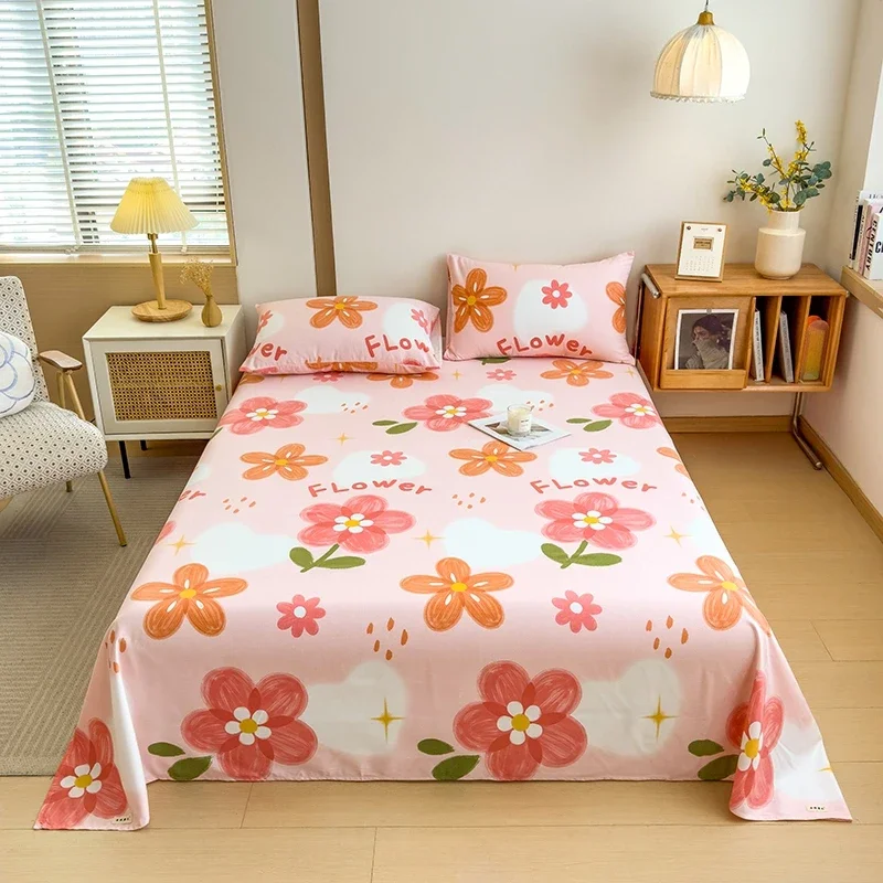 Pink Flowers Bed Sheet Set High Quality Cotton Soft Flat Sheet with Pillowcases Colorful Bright Vibrant Queen Size Bedding Set