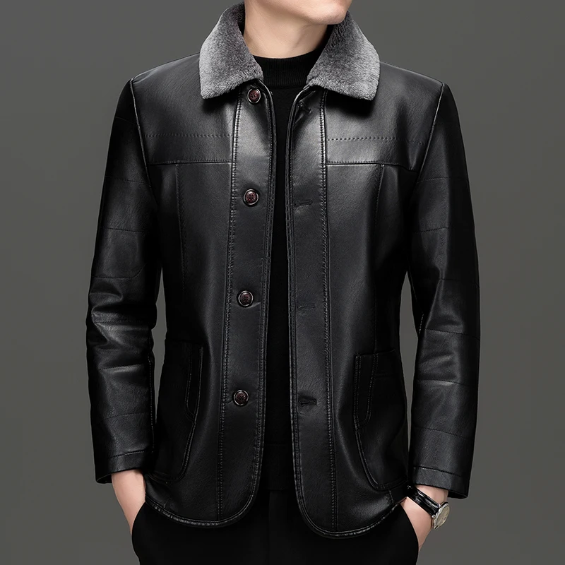 Winter Men PU Leather Jacket Soft Fleece Lining Thermal Coat Bussiness Casual Thermal Faux Leather Outerwear Effortless Menswear