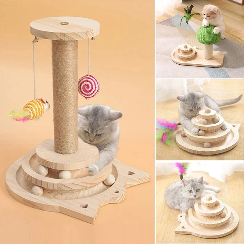 Pet Toy Interactive Cat Toy Scratching Post Two/Three Layer Turntable Balls Wooden Funny Safe for Kitten Puppy Playing Exercise