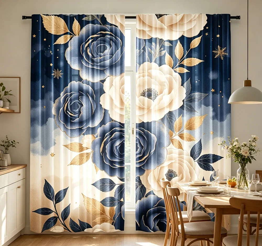 Digital Printed Curtains with Blue Tea Peony Design, Stylish Window Drapes for Living Room Bedroom Home Decoration