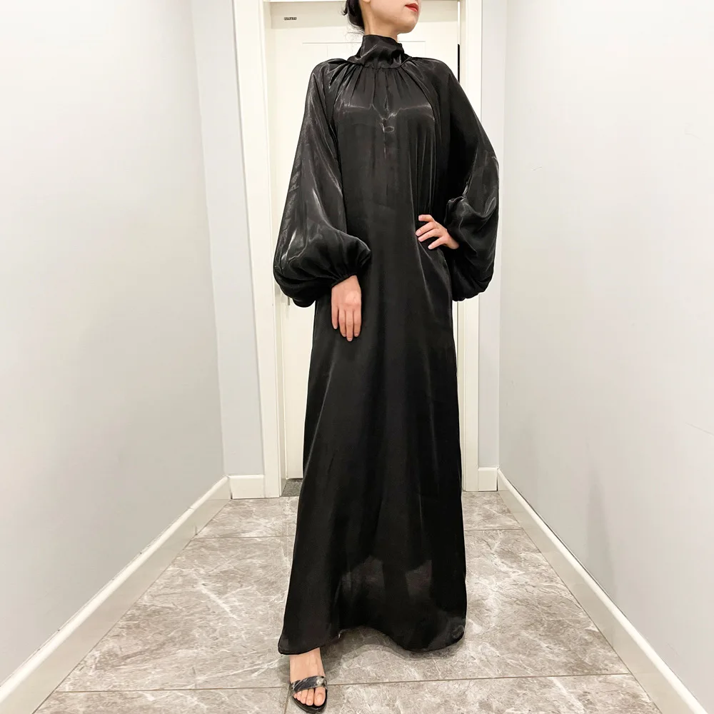 

Eid Mubarak Satin Muslim Hijab Dress Ramadan Abayas for Women Dubai Abaya Dresses Arab Puff Sleeve Turkey Islam Kaftan Vestidos