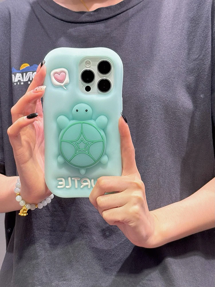 Cartoon Cute Luminous Turtle Kickstand Soft Silicone Case For iPhone 17 16 15 14 13 11 12 Pro Max Phone Cover With Holder
