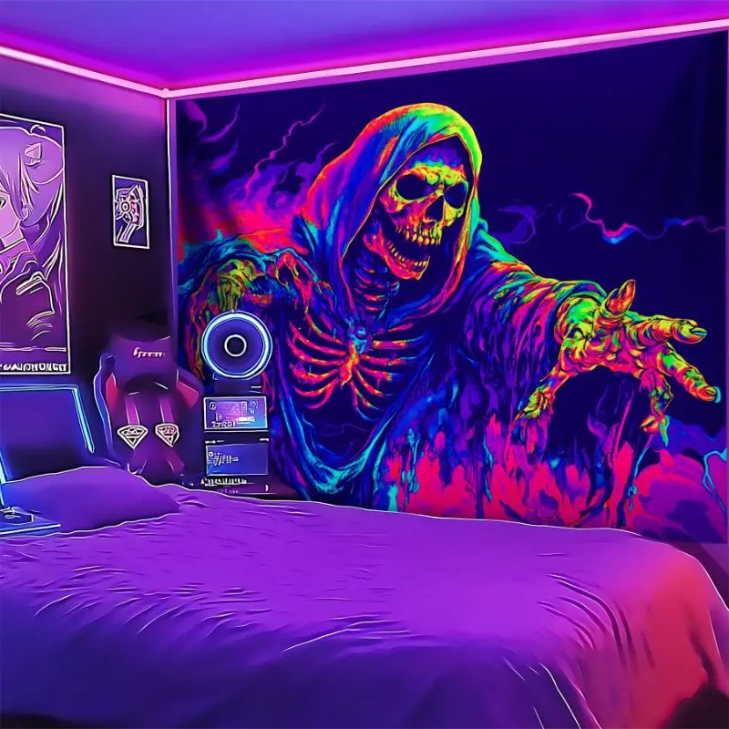 VIKAMA UV Fluorescent Neon Death Skeleton Tapestry, Colorful Psychedelic Horror Skull Wall Hanging, Aesthetic Dorm Decor
