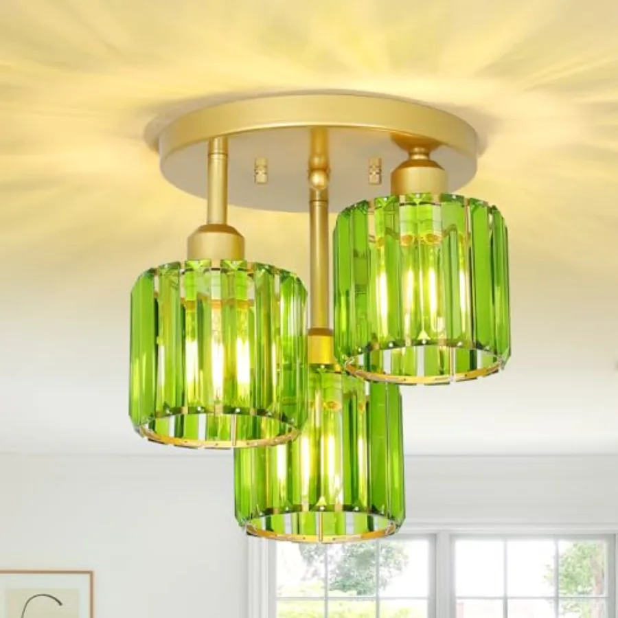 Green Crystal Close to Ceiling Light Fixtures, 3-Light Modern Semi Flush Mount Ceiling Light, Kitchen Light Fixture with Crysta