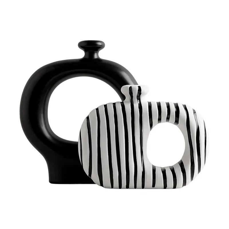 

Creative retro black and white striped ceramic vase high-end flower arrangement living room decoration ornament