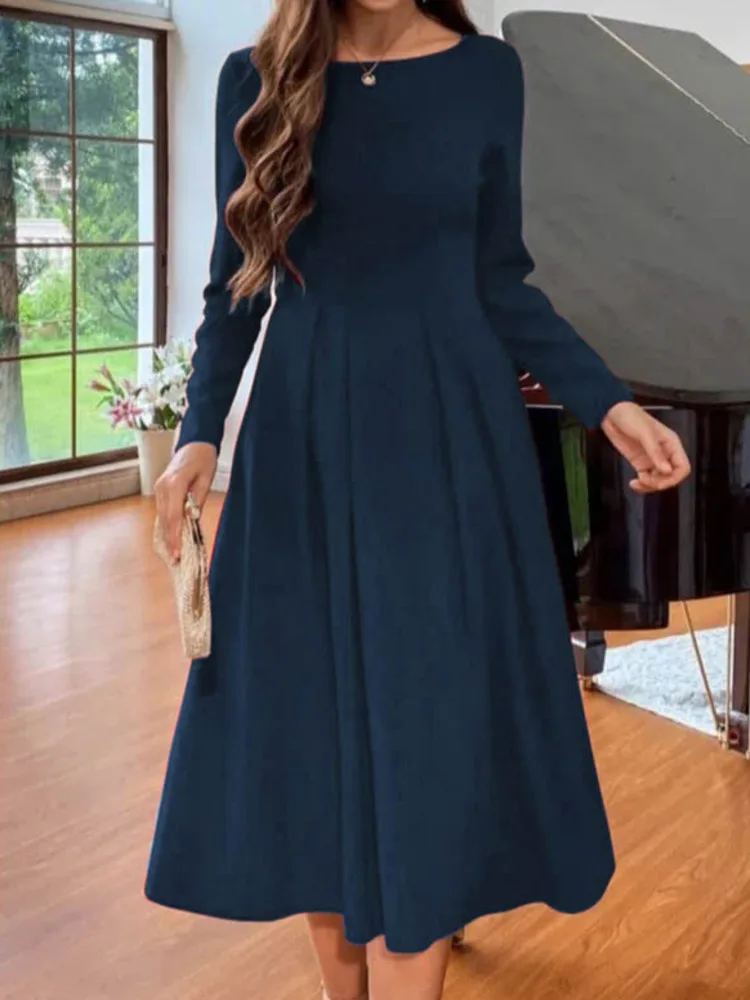 HKSH Frühling Herbst Neue frauen Kleid Oansatz Langen Ärmeln Taille Cinching Einfarbig Plissee A-line Trendy Casual Kleider HK14496