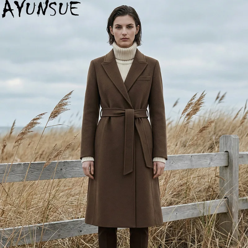 AYUNSUE 100% Wool Coats for Woman Long Lace-up Office Lady Jackets Elegant Autumn Winter Woolen Outerwear Woman Clothes Casaco