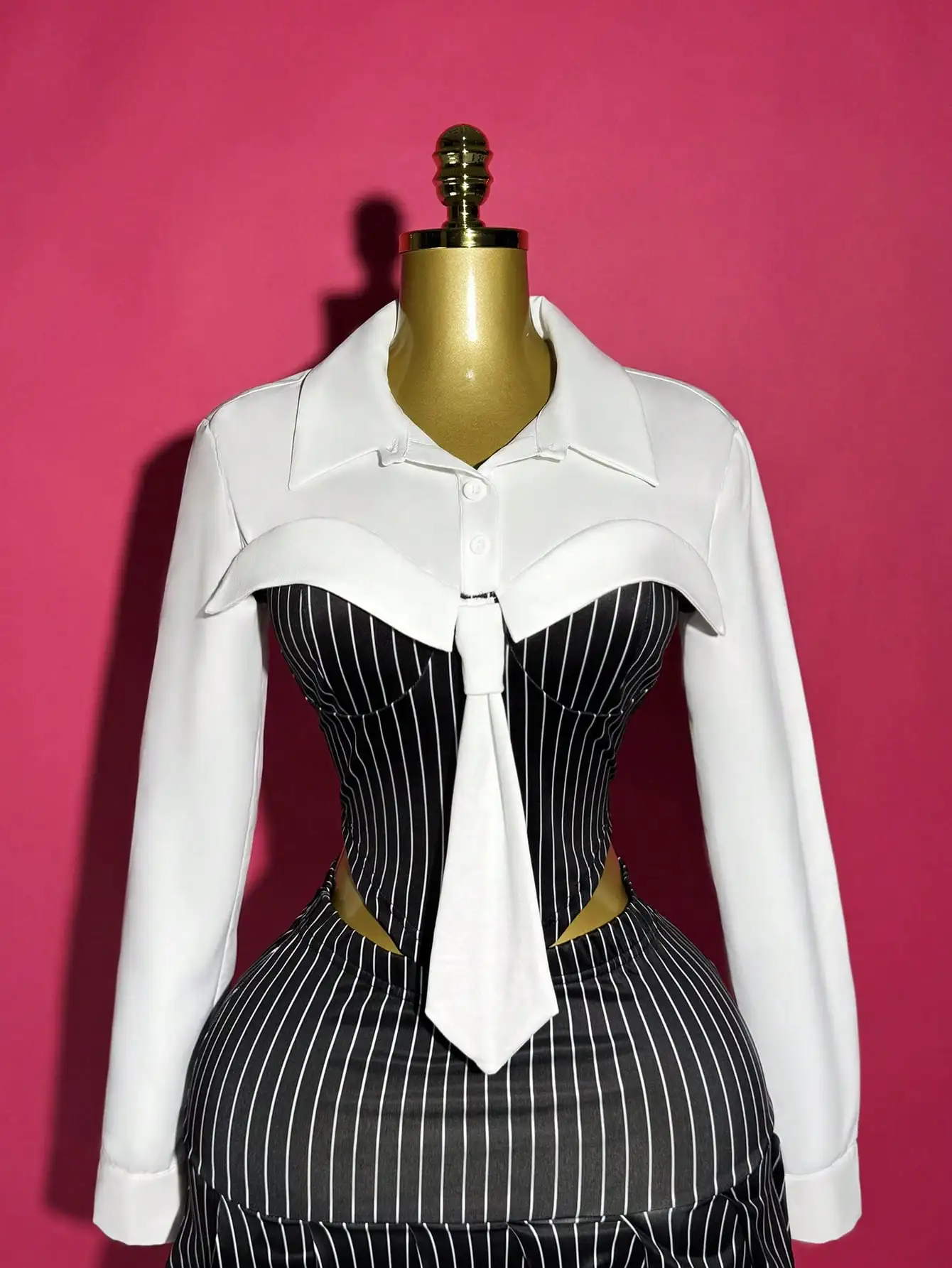 

Women's White Collar Shirt with Pinstripe Corset Top, Preppy Style Blouse