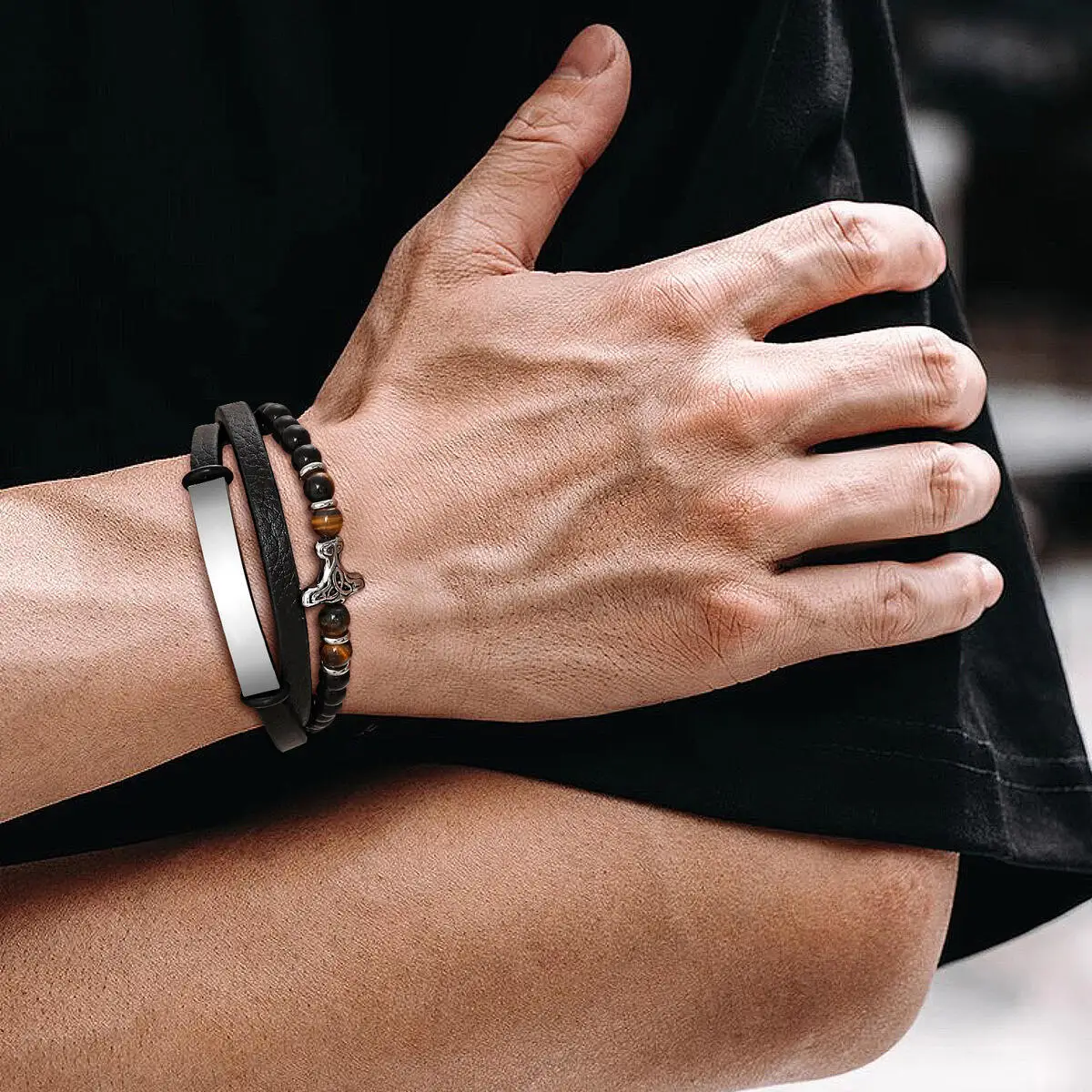 Vnox Viking Thunder Hammer Leather Bracelet for Men Boys, Stainless Steel Full Light Curved Metal Bar Tiger Eye Stone Wristband