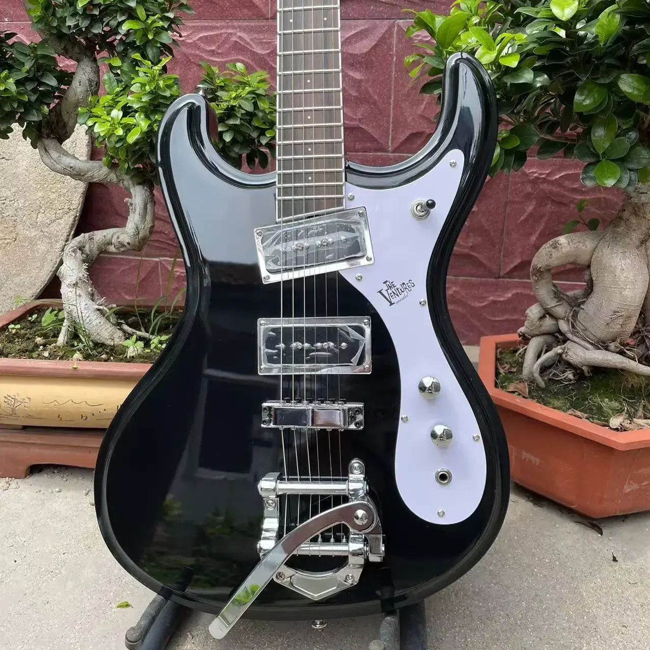 Custom Grand 1966 Ventures R Electric Guitar In Black Color With Big By Tremolo Accept Guitar Bass Customized Order