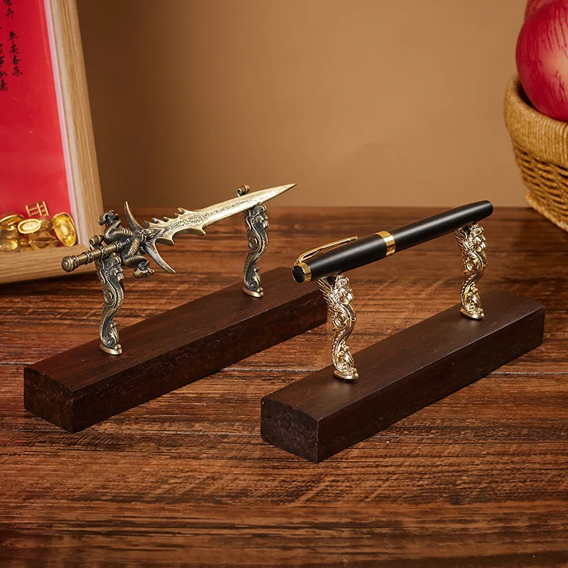Vintage Black Ebony Wood Metal Lion Pen Holder Creative Desk Organizer Display Stand