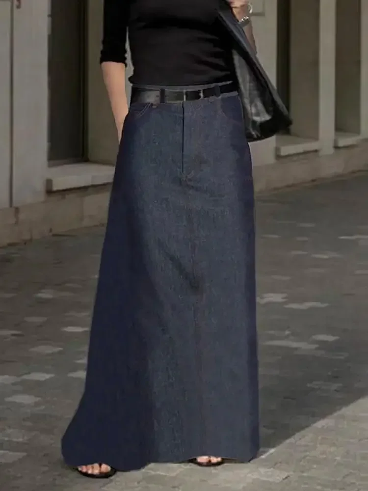 UOOZEE Women\'s High Waist A-Line Skirts 2024 New Autumn Fashion  Imitation Denim Solid Color Casual Office Long Skirt Bottoms