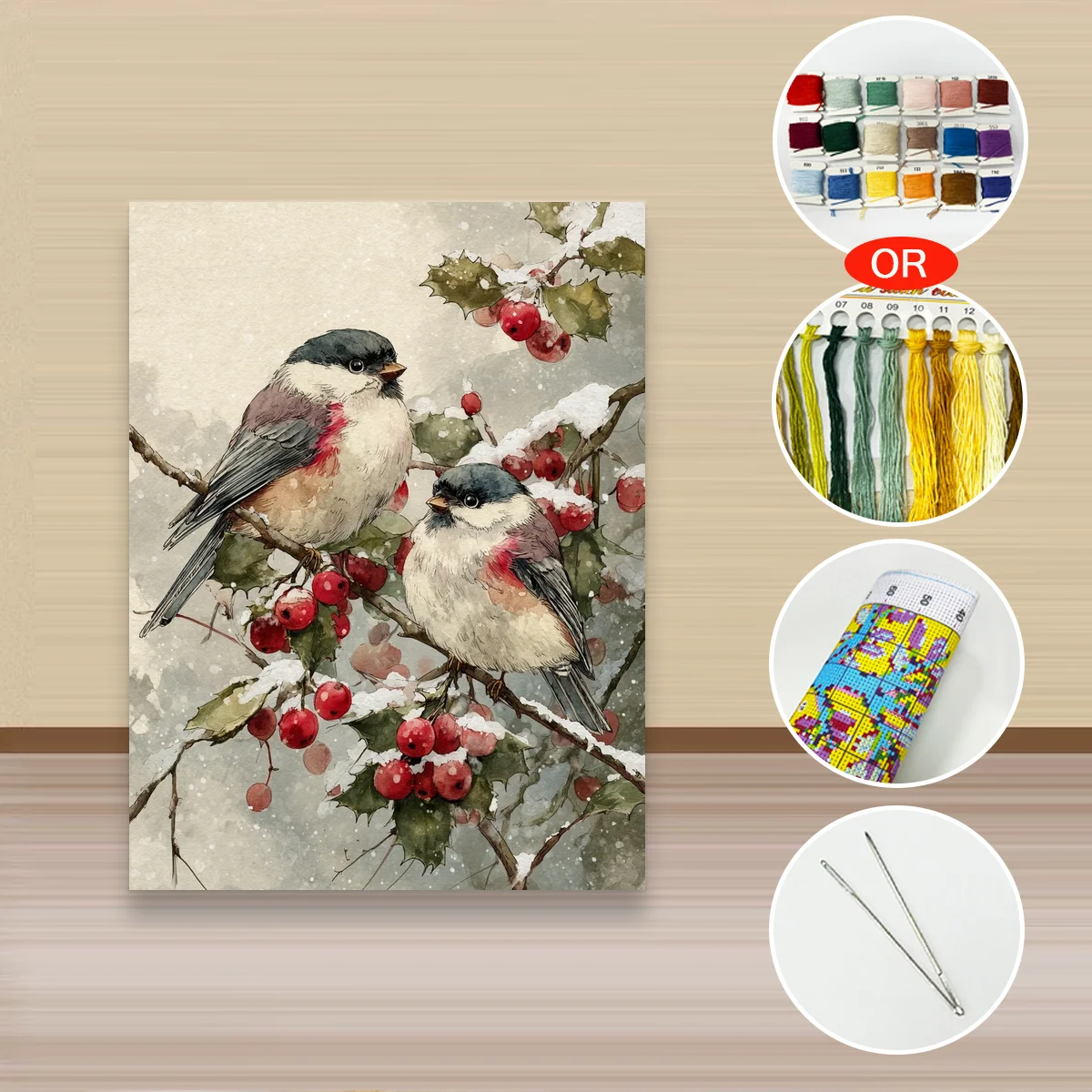1PC 30X40CM/11.8X15.7in ,11Ct/14Ct Cross Stitch Kit Diy Valentine's Day Gift Embroidery Set For Festival,Snowy Branch Robins